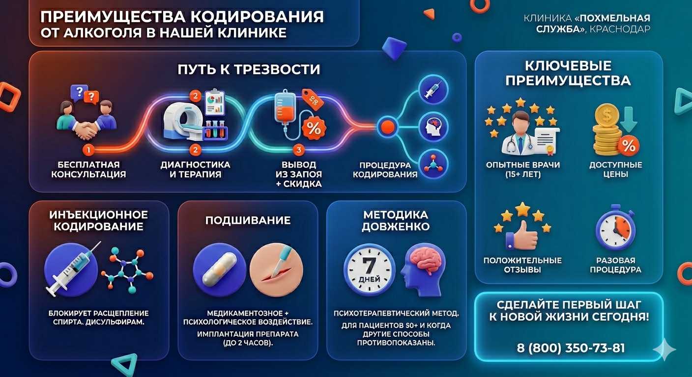 Инфографика о методах кодирования от алкоголя в Поварово: инъекции, подшивание, метод Довженко. Преимущества клиники и этапы лечения.