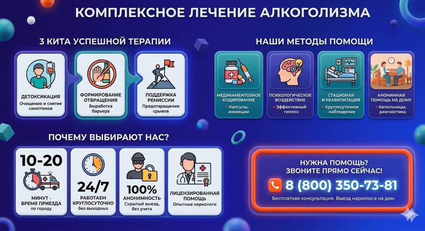 Инфографика о методах лечения алкоголизма в Поварово: детоксикация, кодирование и анонимная помощь на дому от клиники Похмельная служба.