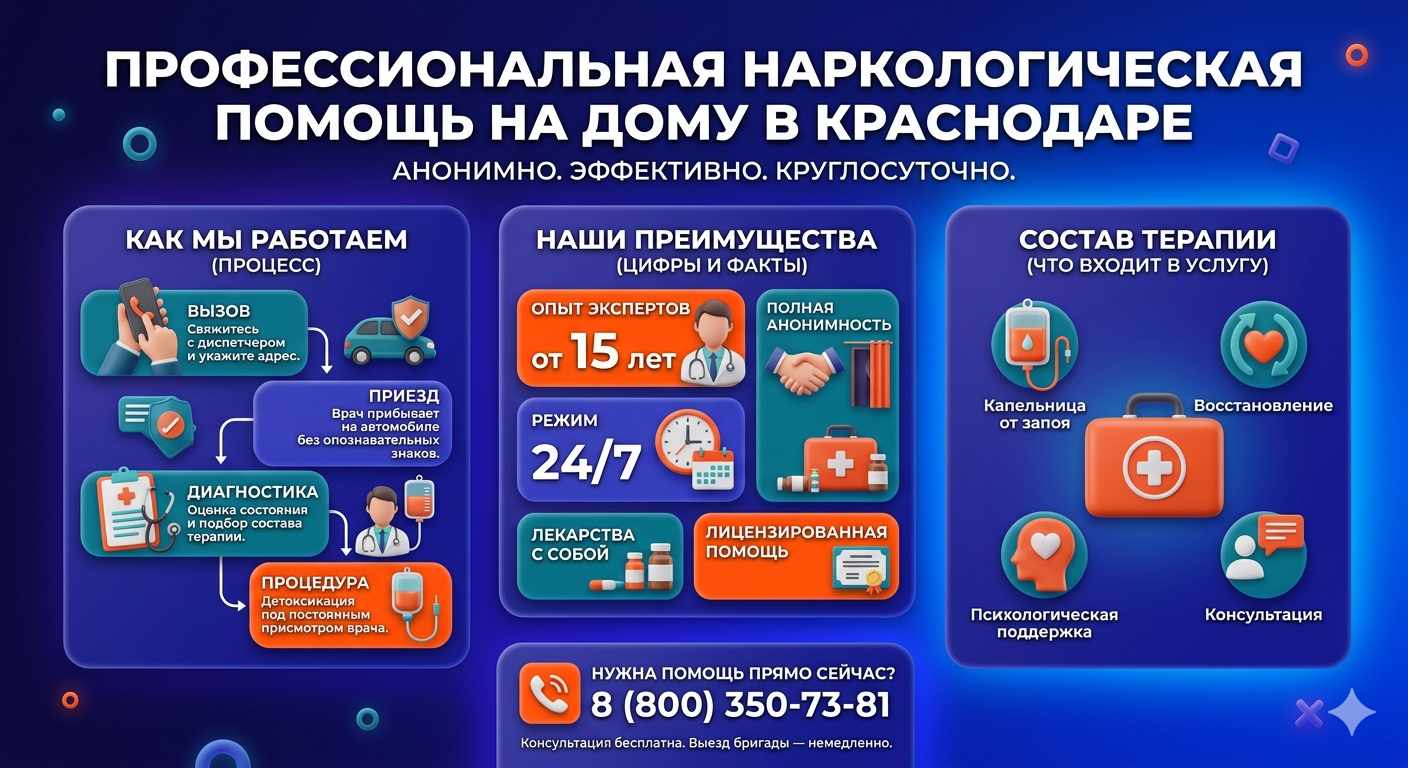 Инфографика о принципах лечения алкоголизма на дому в Поварово: этапы вызова нарколога, преимущества анонимной детоксикации и состав медицинской помощи.